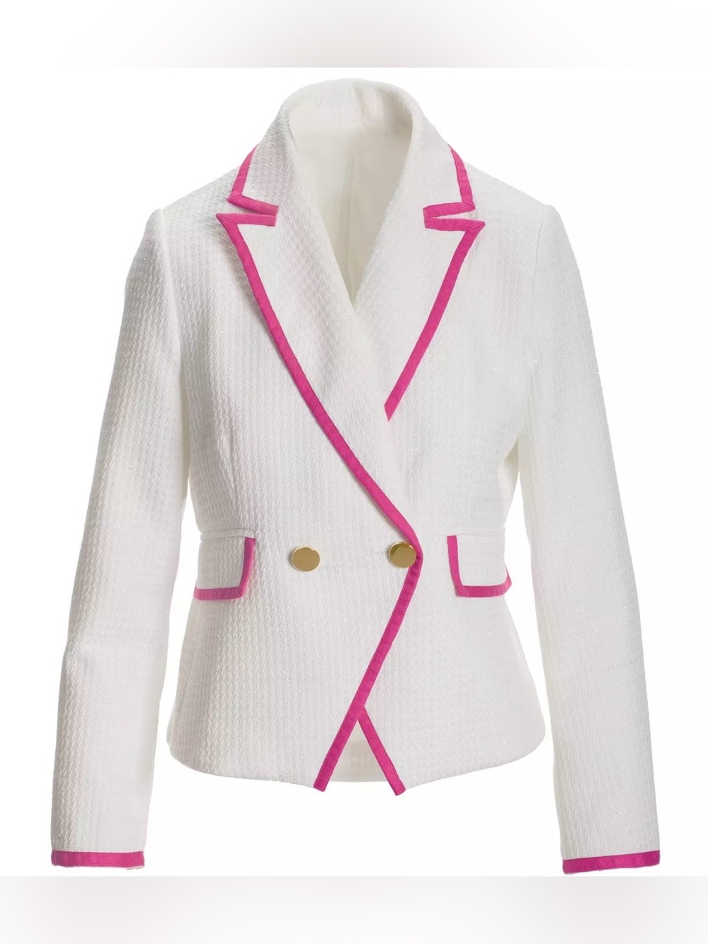 Boston Proper Shimmer Tweed Piped Double Breasted Blazer White/Pink size 8